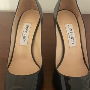 Jimmy Choo Navy Blue Patent Peep Toe Pumps, Size 38